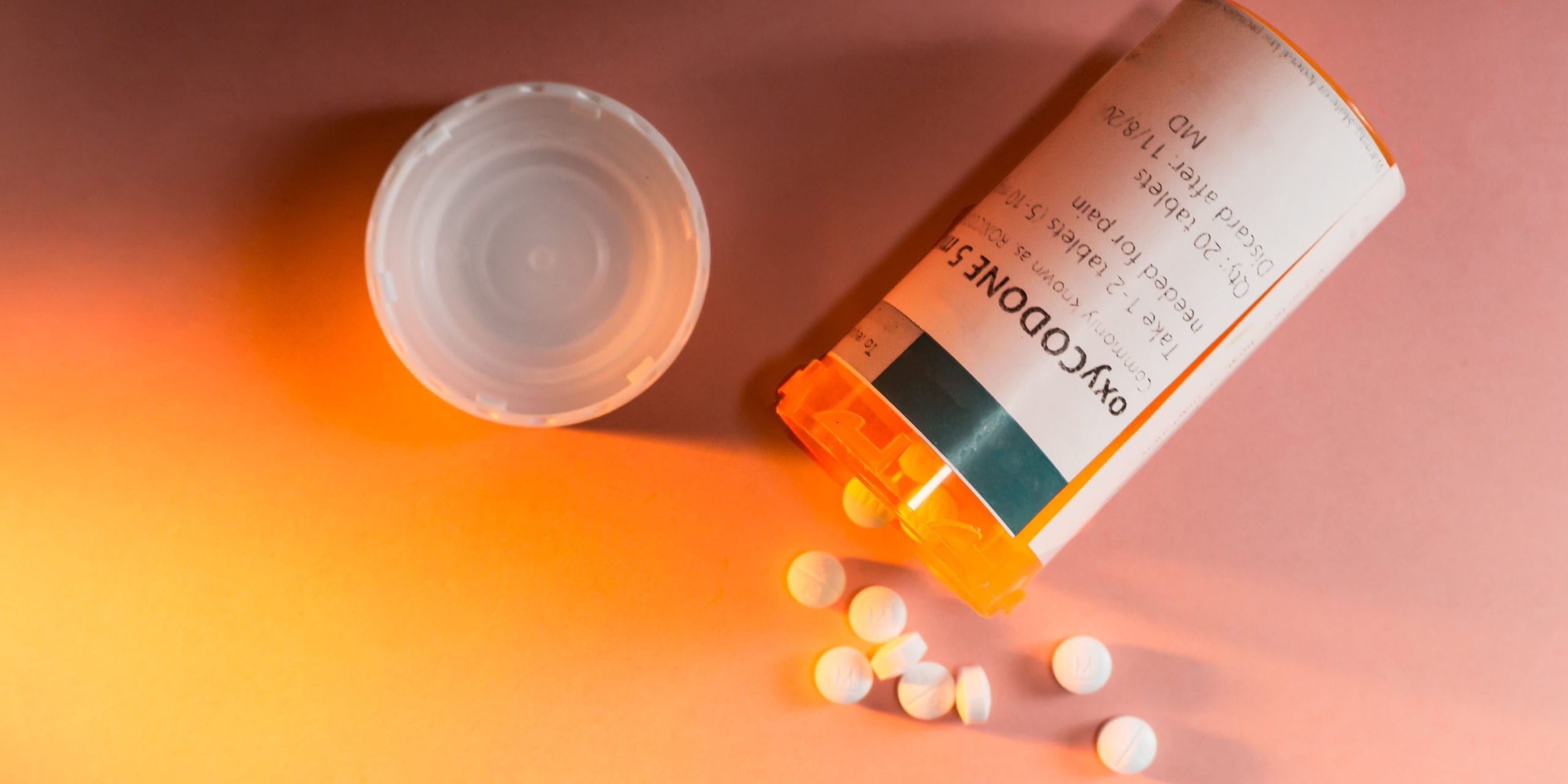 Oxycodone pills in a bottle. Oxycodone is an opioid painkiller. Photo by Cindy Shelby.