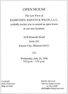 Invitation to a 1998 open house at the office of Rasmussen, Barton, & Willis.